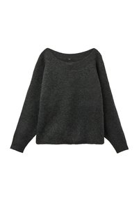 Dunkelgrauer gestrickter Pullover mit langen Ärmeln, weitem rundem Ausschnitt und leicht kastiger Passform, auf einem weißen Hintergrund präsentiert.