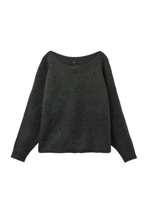 Suéter de punto gris oscuro de manga larga con un escote redondeado amplio y un corte ligeramente cuadrado, mostrado sobre un fondo blanco.