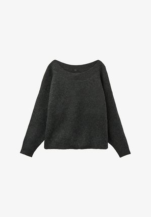 Dunkelgrauer gestrickter Pullover mit langen Ärmeln, weitem rundem Ausschnitt und leicht kastiger Passform, auf einem weißen Hintergrund präsentiert.