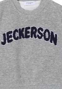 Felpa grigia con colletto rotondo, con la scritta "JECKERSON" in grandi lettere blu navy arcuate sulla parte anteriore.