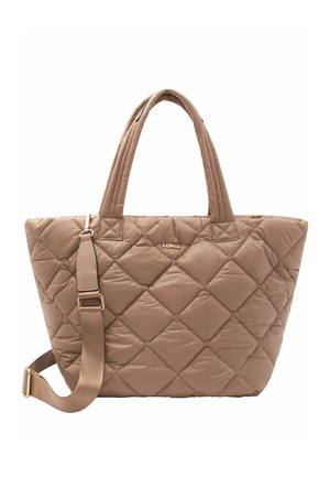 Borsa a mano trapuntata beige con due manici imbottiti e tracolla regolabile, con dettaglio del logo dorato discreto al centro.