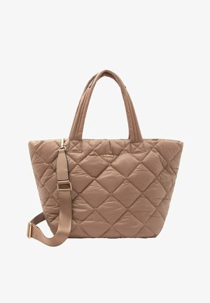 Beiger Stepp-Shopper mit zwei gepolsterten Griffen und verstellbarem Schulterriemen, mit dezentem goldfarbenem Logo in der Mitte.