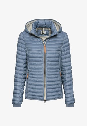 Padded blue jacket with a hood, featuring a front zip, ribbed cuffs, and side pockets. Material appears smooth with a quilted design.