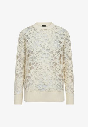 Crèmewitte trui met een gestructureerd kanten patroon, lange mouwen, een ronde hals en geribbelde boorden aan mouwen en zoom. Lichtgewicht en halfdoorzichtige stof.