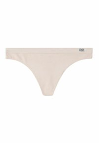 Beige string ondergoed gemaakt van zachte stof. Heeft een dunne tailleband en naadloze randen. Klein logo aan de zijkant.