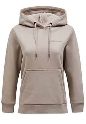 Beżowa bluza z kapturem, wykonana z miękkiego materiału, z kieszenią kangurzą, regulowanym kapturem na sznurki oraz ściągaczami na rękawach z minimalistycznym logo.