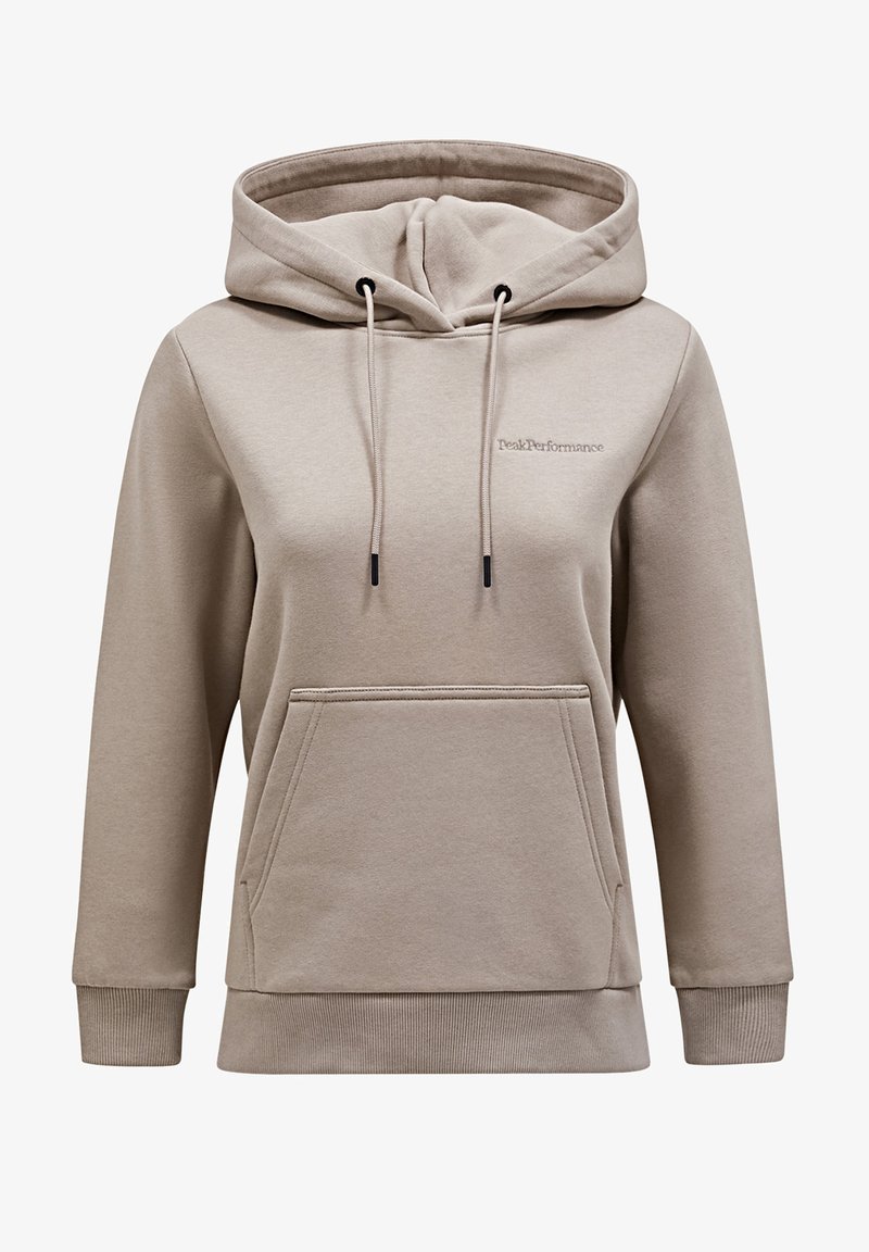 Beige hoodie lavet af blødt materiale, med en kængurulomme, justerbar hætte med snøre og ribbede manchetter med et minimalt logo.