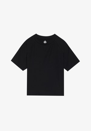 T-shirt noir à manches courtes avec une texture côtelée, encolure ronde et manches raglan. Présente un petit logo blanc sur le col.