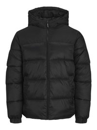 Μαύρο πούφο μπουφάν με κουκούλα, μπροστινό φερμουάρ και σχεδίαση με ραφές, με επενδεδυμένα τμήματα και ελαστικούς καρπούς. Λείος υφασμάτινος ιστός και ελαφρύ υλικό.