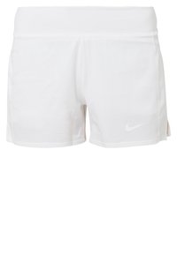 Pantalones cortos deportivos blancos con una cinturilla ancha, hechos de tela ligera. Presentan un pequeño logo reflectante de Nike cerca del dobladillo.