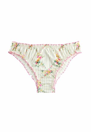 Blütenbedruckte Unterwäsche mit weißem Grund, grünen Streifen, gerüschtem pinken Saum und zarten Stickdetails. Elastischer Bund für zusätzlichen Komfort.