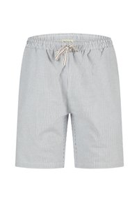 Shorts rayés bleus et blancs en tissu léger, avec une taille élastique et un cordon de serrage, ainsi que des poches latérales.