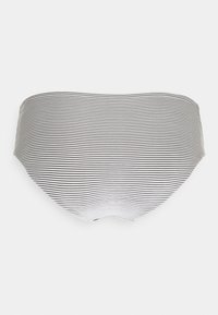 Parte de baixo de biquíni listrada em preto e branco, com tecido suave, design sem costuras, forma curvada e listras horizontais.