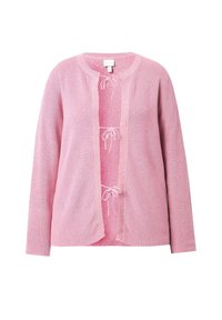 Różowy sweter wełniany z okrągłym dekoltem, otwartym przodem i akcentami z paskami ściągającymi. Posiada długie rękawy i miękkie, teksturowane wykończenie.