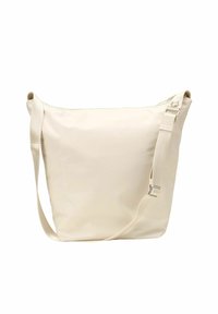 Sac à épaule beige en matériau lisse, doté d'une longue bandoulière réglable et d'une fermeture éclair. Design simple et sans ornements.