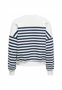 Sweatshirt med vit kropp och marinblå horisontella ränder. Har elastiska muddar och fåll, med dekorativa detaljer på ärmarna.