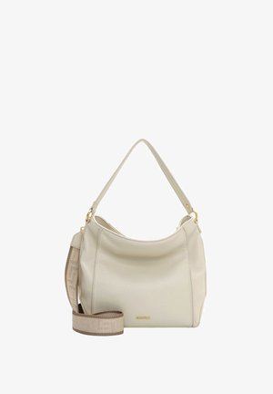 Bolso de cuero beige claro con forma hobo. Presenta una correa de tela marrón con un patrón de logotipo y detalles de herrajes dorados. Textura suave.