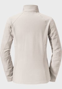 Hellgraue Fleecejacke mit hohem Kragen. Verfügt über lange Ärmel und flache Nähte; gleichmäßige Textur ohne sichtbare Hardware.