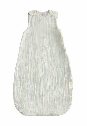 Mouwloze babyslaapzak met verticale pastelkleurige strepen in blauw, geel en wit, voorzien van drukknopen op de schouderbanden.