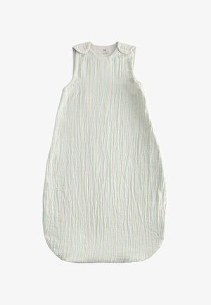 Ærmeløs baby sovepose med lodrette pastelstriber i blå, gul og hvid, med trykknapper på skulderstropperne.