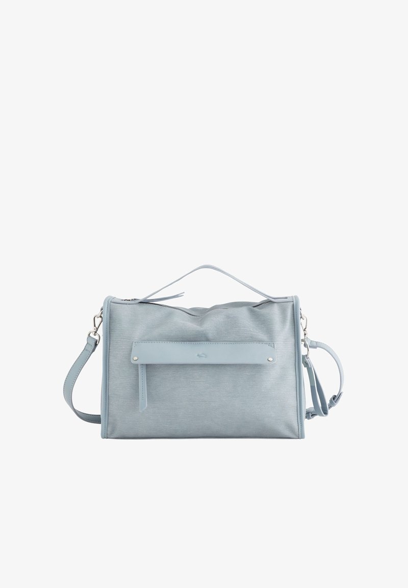 Light blue faux leather tote bag with a front zippered pocket, adjustable strap, and top handle. Smooth texture and structured shape.