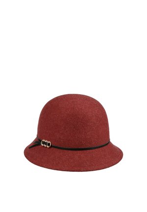 Soft red felt cloche hat with a narrow black band and a small gold buckle detail on the side.