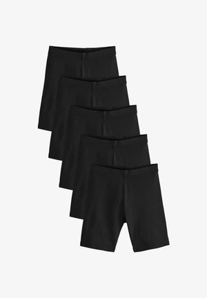 Czarne szorty rowerowe z bawełny z elastycznym pasem, posiadające gładką teksturę i prosty design. Wyświetlona stos pięciu par.