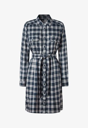 Niebiesko-biała sukienka koszulowa w kratę z długimi rękawami, z przodem zapinanym na guziki, dwoma kieszeniami na piersi i dopasowanym paskiem w talii.