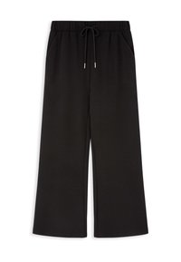 Schwarze, weite Sweatpants aus weichem Stoff, mit einem elastischen Bund und Kordelzug sowie Seitentaschen. Glatte Textur über die gesamte Oberfläche.