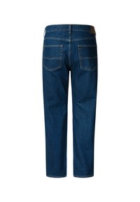 Jeans de mezclilla azul con un diseño de pierna recta, que cuentan con dos bolsillos traseros, costuras visibles y una etiqueta de cuero en la cinturilla.