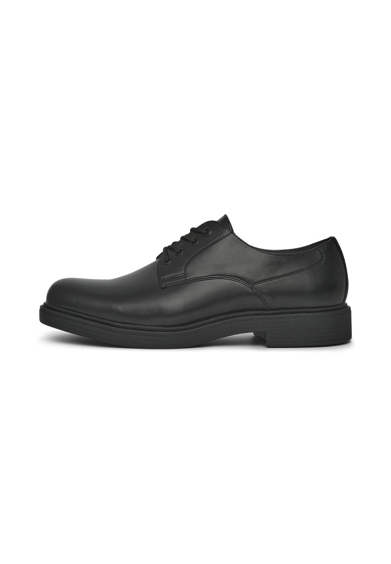 Scarpe eleganti in pelle nera con finitura liscia, design con lacci, punta arrotondata e suola in gomma. Accentuate da sottili dettagli ricamati lungo i bordi.