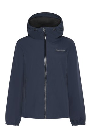 Marineblauwe waterdichte jas met een capuchon, ritssluiting aan de voorkant en elastische manchetten. Heeft een gladde textuur en zijzakken voor opslag.