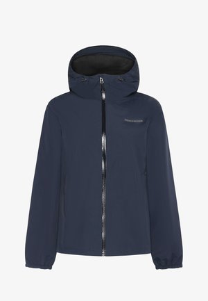 Marineblauwe waterdichte jas met een capuchon, ritssluiting aan de voorkant en elastische manchetten. Heeft een gladde textuur en zijzakken voor opslag.
