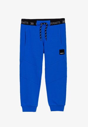 Pantaloni della tuta blu con cintura regolabile, etichetta nera a contrasto e dettagli delle cuciture angolari, realizzati in tessuto morbido.