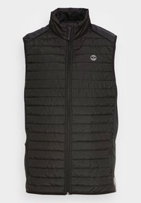 Sort puffer vest med høj krave, lynlås foran, sidelommer og quiltet mønster. Lavet af letvægts, vandafvisende materiale.