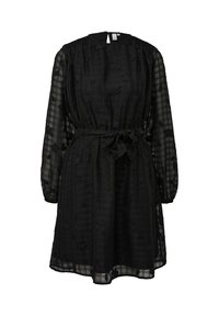 Vestido negro con mangas largas y transparentes, escote redondo y cintura con lazo. Presenta bordados florales en una tela de cuadros texturizada.