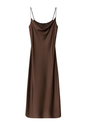 Bruine satijnen midi-jurk met dunne verstelbare spaghetti bandjes en een gedrapeerde halslijn.