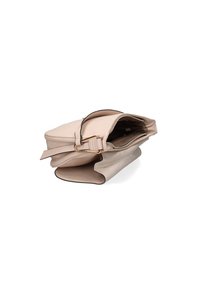 Borsa in pelle beige con manico superiore, design strutturato e soffietto frontale; presenta bordi a contrasto e un ampio scomparto interno.