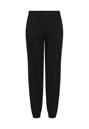 Črne hlače z zoženimi hlačnicami, elastičnimi robovi in prilegajočim pasom, zasnovane za udobno in sproščeno prileganje.