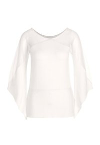 Witte top met doorschijnende fladdermouwen, een ronde halslijn en een aansluitend lichaam. De stof lijkt lichtgewicht en heeft een gladde textuur.