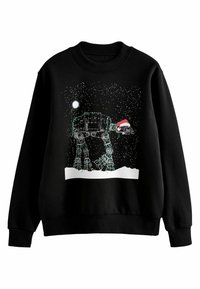 Felpa nera con una grafica di un camminatore AT-AT decorato con luci di Natale e un cappello di Babbo Natale, su uno sfondo innevato e una luna.