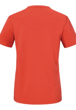 Rotes Baumwoll-T-Shirt mit rundem Halsausschnitt und kurzen Ärmeln. Der Stoff hat eine subtile Textur mit horizontalen Rippungen, ohne Grafiken oder Verzierungen.