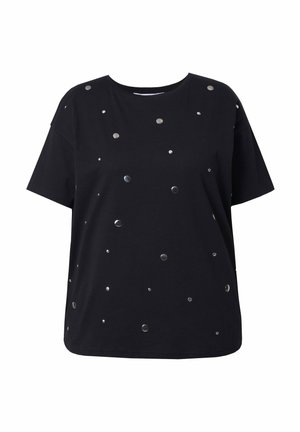 Zwarte t-shirt met korte mouwen en een ontspannen pasvorm, versierd met metallic studs van verschillende groottes die over de stof zijn verdeeld. Zacht katoenmateriaal.
