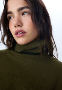 Giovane donna dai capelli scuri che indossa un maglione a collo alto olivastro, che guarda di lato con un'espressione neutra.