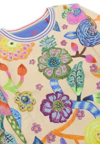 Crème sweatshirt met bloemenpatroon, met felle meerkleurige bloemen, groene bladeren en een geribde kraag met meerkleurige strepen.