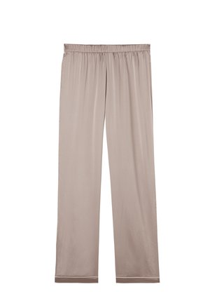 Pantalones de pijama de satén beige con un corte relajado, una cinturilla elástica y un suave brillo. Presenta un ribete de contraste en el dobladillo.