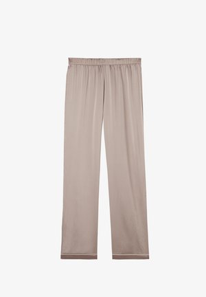Beige satin pyjamasbyxor med avslappnad passform, elastisk midja och en subtil lyster. Har kontrasterande piping vid fållen.