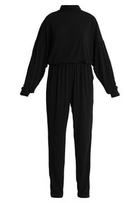 Svart jumpsuit i mjukt tyg, med hög krage, långa ärmar och en avslappnad passform med elastisk midja för komfort.