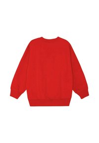 Rode sweatshirt met lange mouwen, ronde hals, ribgebreide boorden en zoom. Gladde stofstructuur, eenvoudig ontwerp zonder graphics of versieringen.