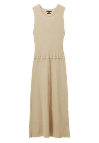 Robe maxi en tissu côtelé beige, design sans manches, taille cintrée avec cordon de serrage, et ourlet droit avec un léger détail de texture.